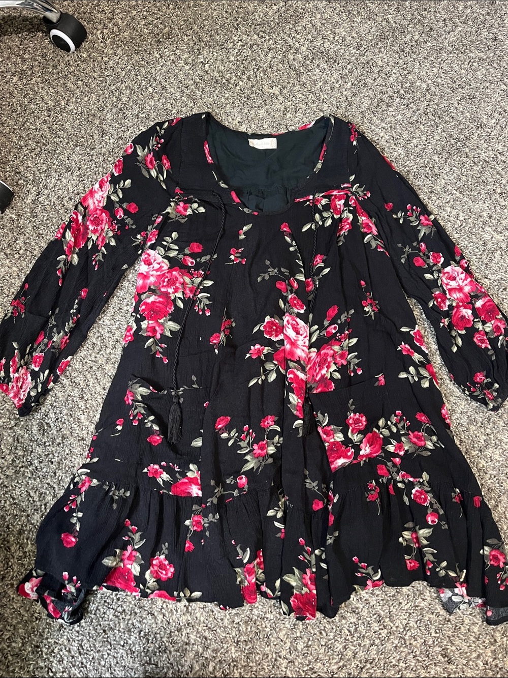 Altar'd State Black Floral Swing Dress with Pink Rose Print